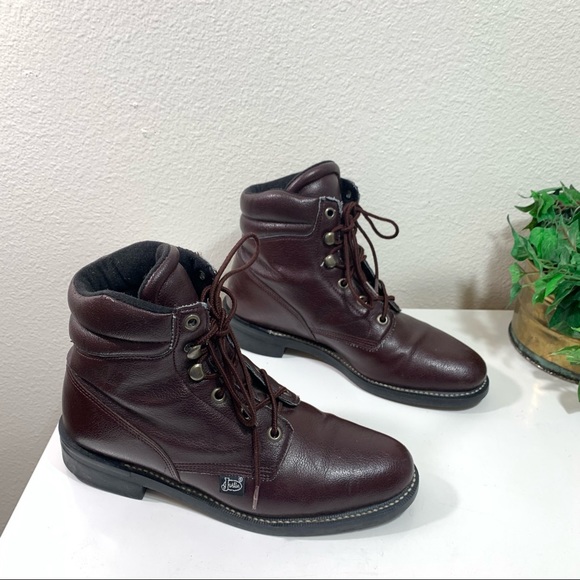 Justin Combat Work Boots Burgundy Man Made Leather - Picture 5 of 13